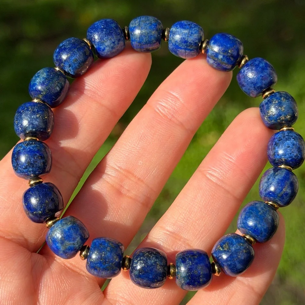 10mm stretchable stainless steel‎ blue lapis barrel shape bracelet 0808